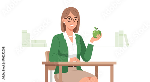 Illustration of a teacher with an apple, perfect for education and healthy eating concepts
