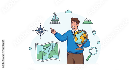 Illustration of a traveler holding a globe with a map and compass pointing to a location
