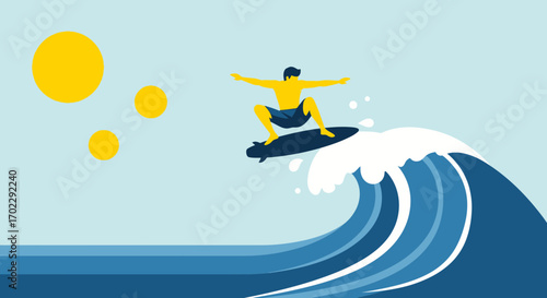 Illustration of a male surfer riding a massive ocean wave during a sunny summer day