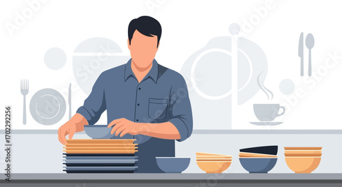 Illustration of a man arranging bowls and plates in the kitchen to set the table