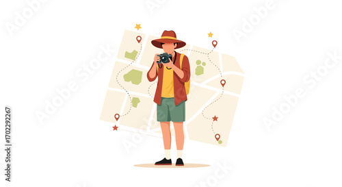 Illustration of a traveler with a camera exploring a map and planning a journey