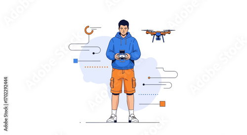 Illustration of a man controlling a drone with a remote control in a vector style