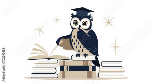 Illustration of a wise owl in a graduation cap reading a book on top of a stack