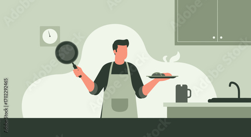 Illustration of a man cooking breakfast in the kitchen with a pan and food