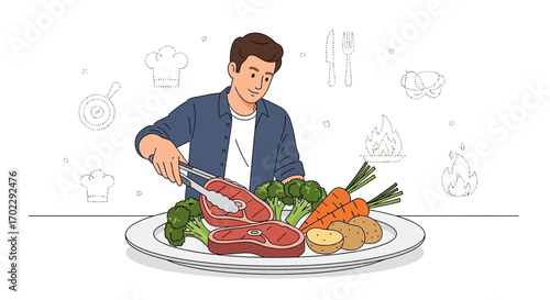 Illustration of a man cooking a meal with steak and vegetables on a plate