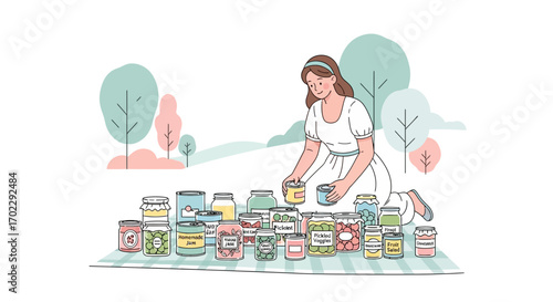 Illustration of a woman arranging jars of homemade preserves and pickles outdoors in nature
