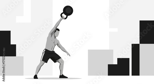 Illustration of a man doing kettlebell exercise in a minimalist style