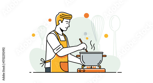 Illustration of a man cooking food in a pan on the stove creating delicious meals