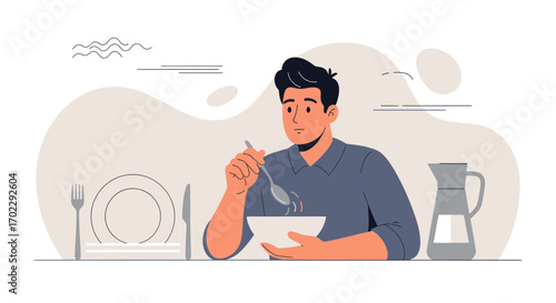 Illustration of a man eating a meal at a table in a minimalist and flat design style