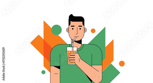 Illustration of a Man Drinking Orange Juice with Abstract Geometric Background