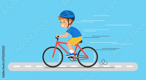 Happy boy riding a bicycle on a road during the day with blue sky background