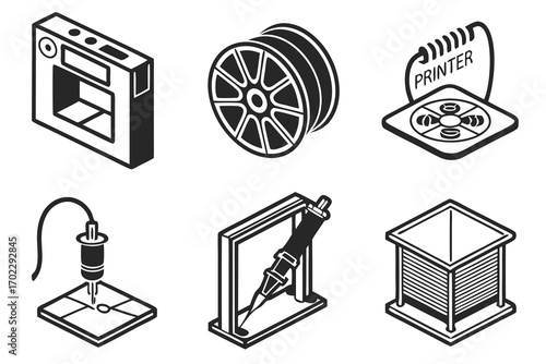 Collection of 3d printing icons and equipment in isometric view