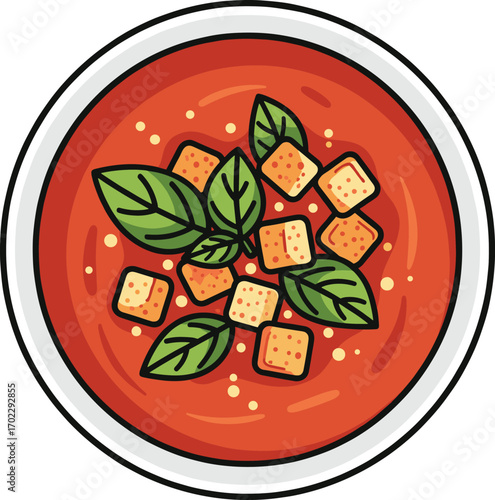 Vector Tomato Soup Bowl with Basil and Croutons