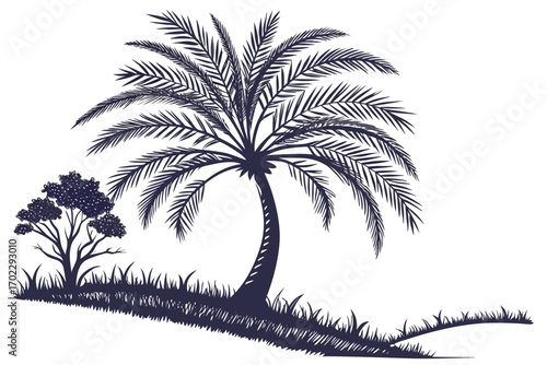 Silhouette of a palm tree and a smaller tree with grass