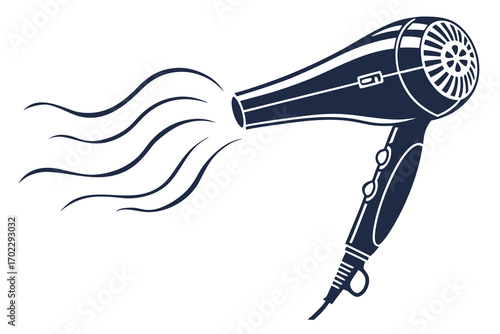 Stylized dark blue hair dryer emitting waves of air