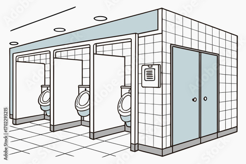 Illustration of a public restroom with multiple urinals and stalls