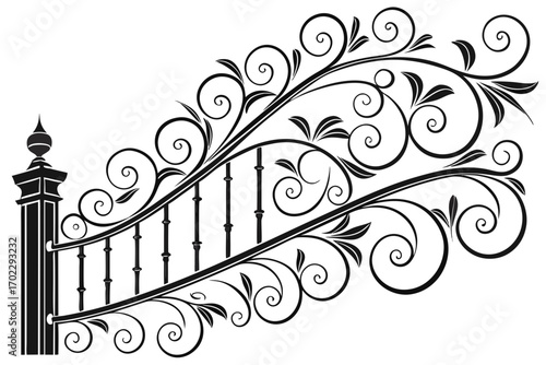 Elegant black wrought iron fence with ornate scrollwork and leaves