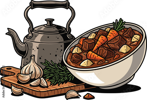 Cartoon Beef Stew Illustration with Rustic Kitchen Décor