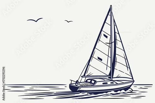 Sailboat sailing on the ocean with birds flying above
