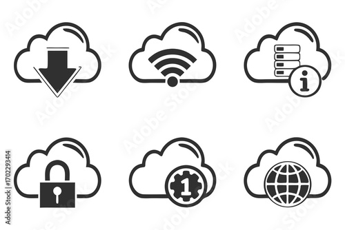 Collection of cloud computing icons representing download security wi fi data information and settings