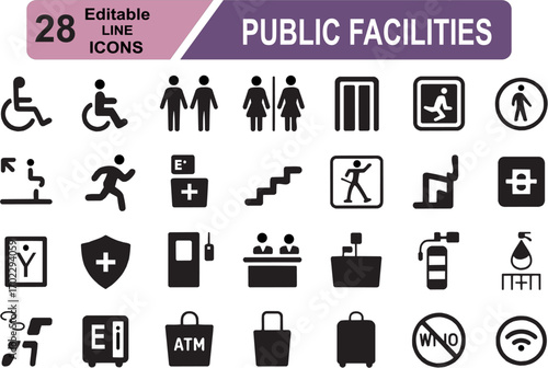 Public facilities icon set. Vector pictograms of toilets, showers, elevators, and accessibility symbols