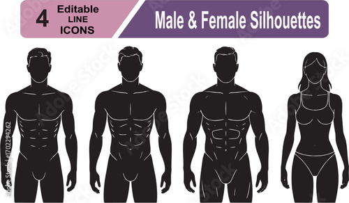 Male human body silhouette icon set. Vector muscular male body front and side view