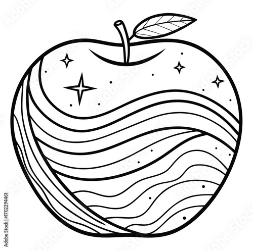 Apple hand drawn vector illustration with leaf on white background