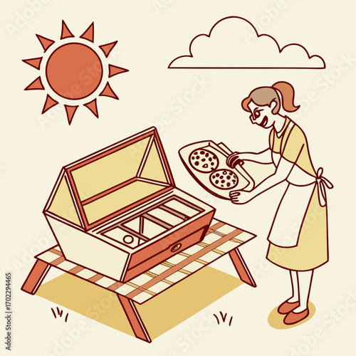 Woman Baking Cookies in a Solar Oven on a Sunny Day