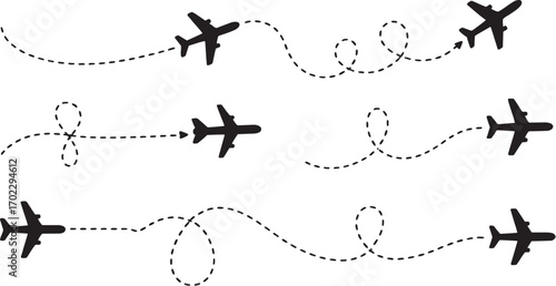 Airplane travel route icon set. Vector pictograms of flight paths, dotted lines, and flying jets