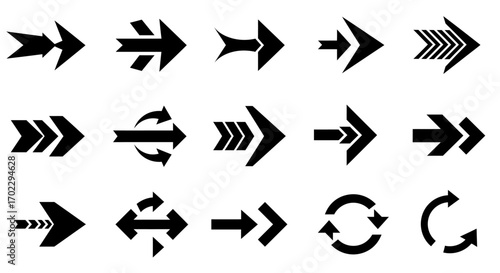 A collection of diverse black arrow icons, showcasing various styles and directions, presented on a white background.
