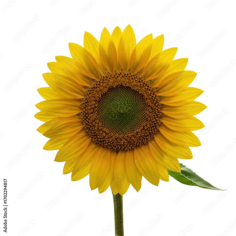 Fototapeta premium Pristine golden yellow sunflower with perfectly formed petals and deep green detailed central disc, at 45-degree angle in professional studio on seamless transparent background, concept of botanical
