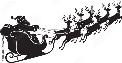 Christmas Santa sleigh with reindeer icon set. Vector silhouettes of Santa riding with gifts in winter.