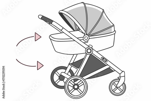 Modern baby stroller with convertible bassinet and arrows indicating movement