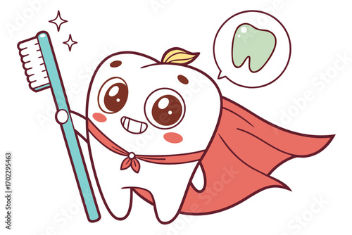 Cute cartoon tooth superhero holding a toothbrush and wearing a cape