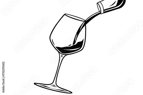 Line art illustration of red wine being poured into a wine glass