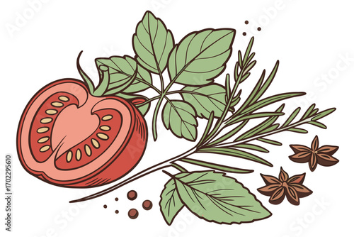 Fresh tomato basil rosemary and star anise illustration