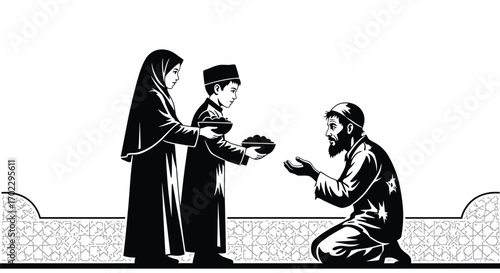 Vector art of muslim family offering charity to a man kneeling