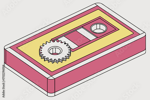 Retro cassette tape with a gear mechanism in isometric view