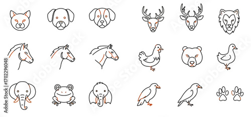 Line art animal icons: dogs, cats, deer, horses, birds, elephants, frog, paws.