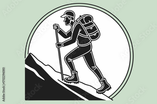 Silhouette of a hiker climbing a mountain with a backpack and trekking pole