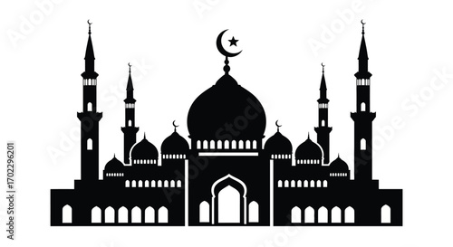 Vector art of silhouette of a mosque with domes and minarets