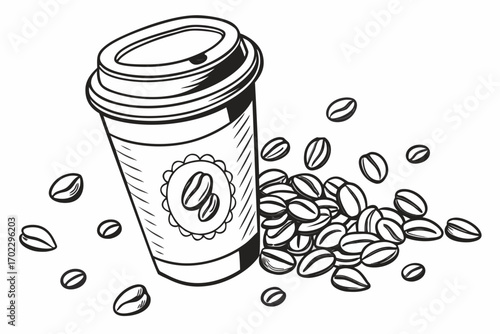 Hand drawn illustration of a coffee cup with scattered coffee beans