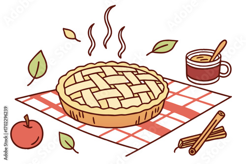 Freshly baked apple pie with cinnamon and hot drink