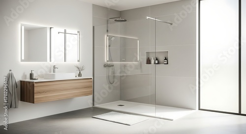 Modern Bathroom with Walk-in Shower and Vanity.