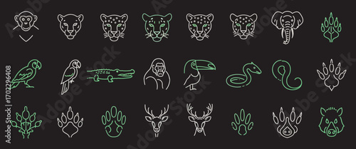 Minimalist line art vector icon collection of animals. This set features various wildlife designs such as lion, panther, elephant, parrot, gorilla, toucan, snake, deer, and animal paw prints.