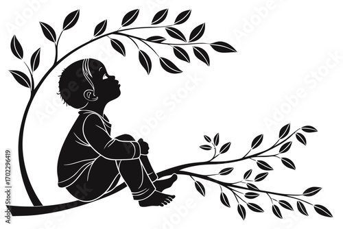 Silhouette of a child sitting on a tree branch looking up