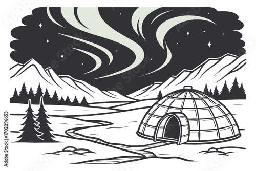 Igloo dwelling under the vibrant aurora borealis in a snowy landscape