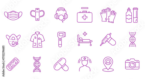 A collection of purple line art icons representing medical, healthcare, and scientific concepts.
