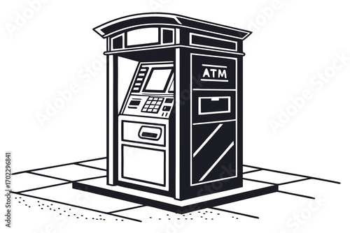 Black and white illustration of an atm machine on a sidewalk