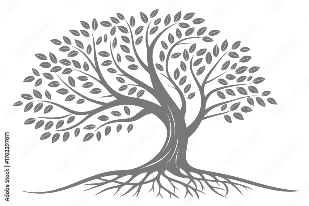 Obraz premium Stylized gray tree with visible roots and leaves on a white background
